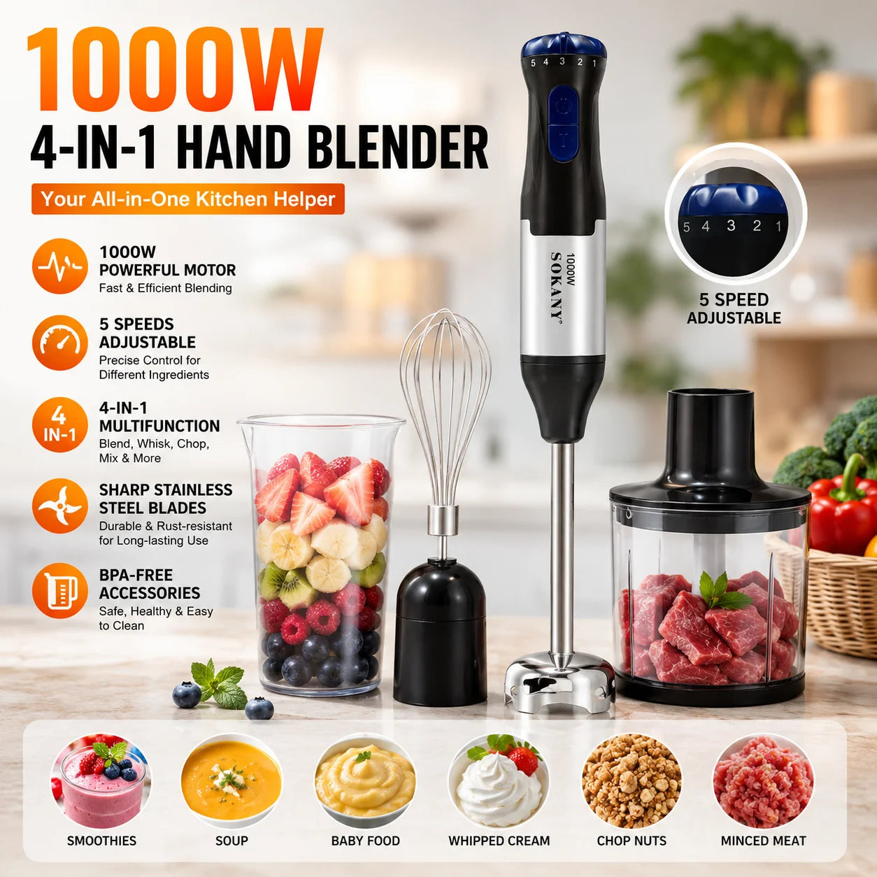 Batidora de Mano 4 en 1 de 1000W