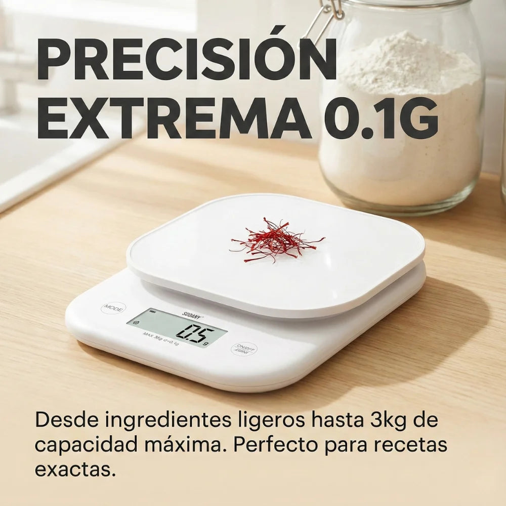 SODANY Digital Kitchen Scale 3kg/0.1g with LCD Display, Smart Tare Function, High Precision, Compact Design, White, Perfect for Measuring Ingredients