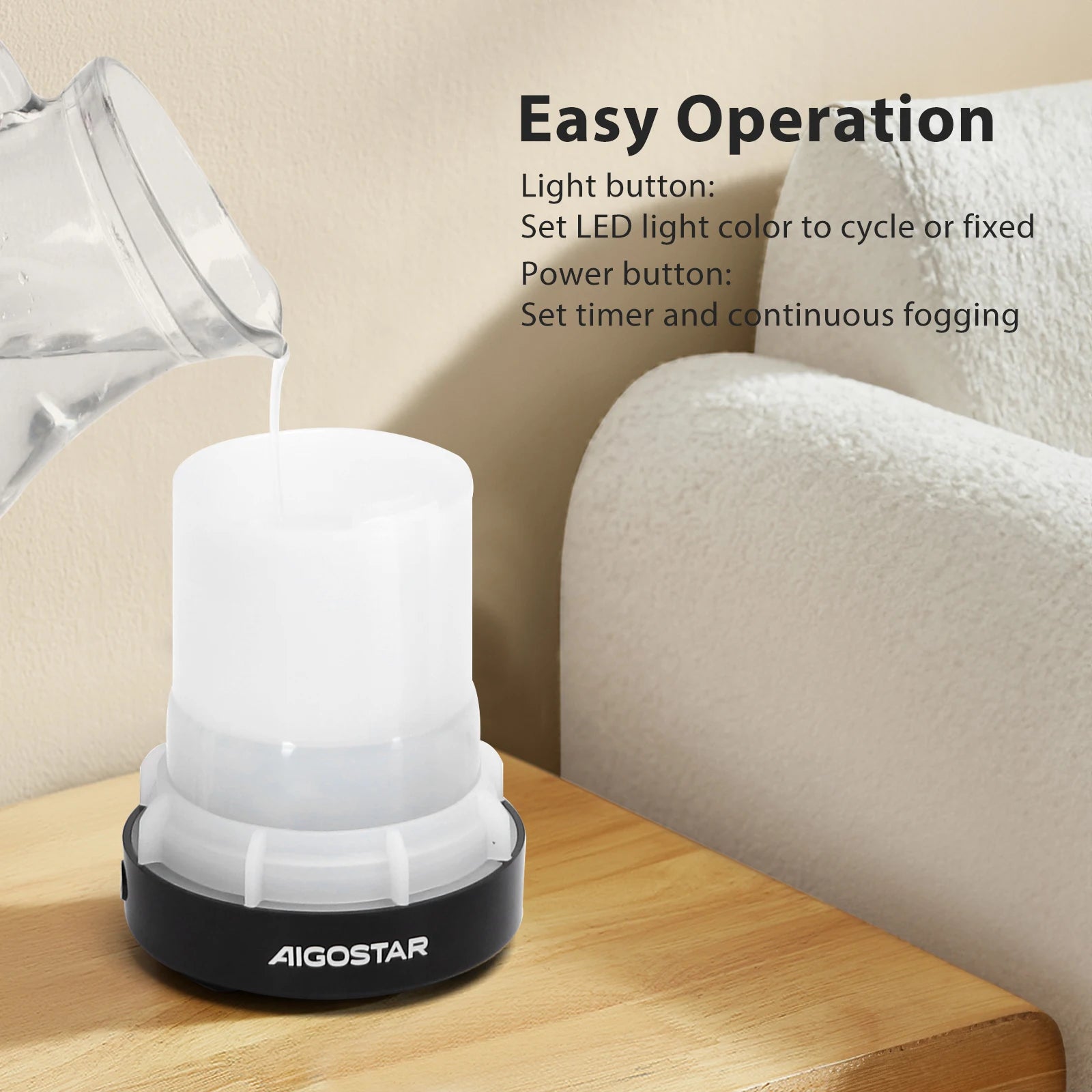 AIGOSTAR Ultrasonic Humidifier and Diffuser, Essential Oils Diffuser, Ultrasonic Nebulizer with 7 Colors and 3 Timers. 100ML.