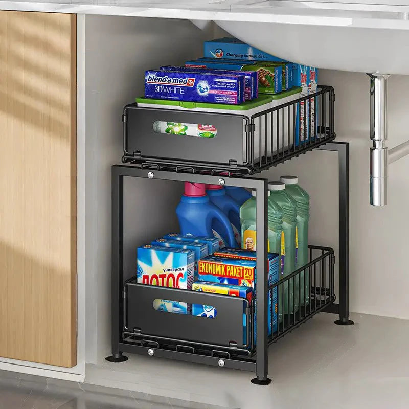 2 Tier Kitchen Under Bathroom Sink Organizers Pull-Out Cabinet Shelf Organizer Storage Rack Sliding Cabinet Basket