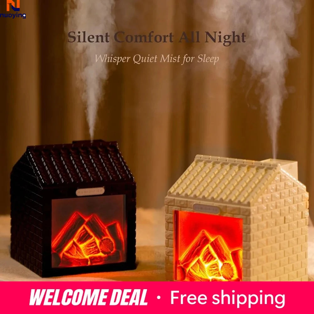Charcoal Fire Style Aroma Diffuser Humidifier, Simulated Flame Light 2 Mist Modes Ultra-Quiet 200ml for Home Office Bedroom Car