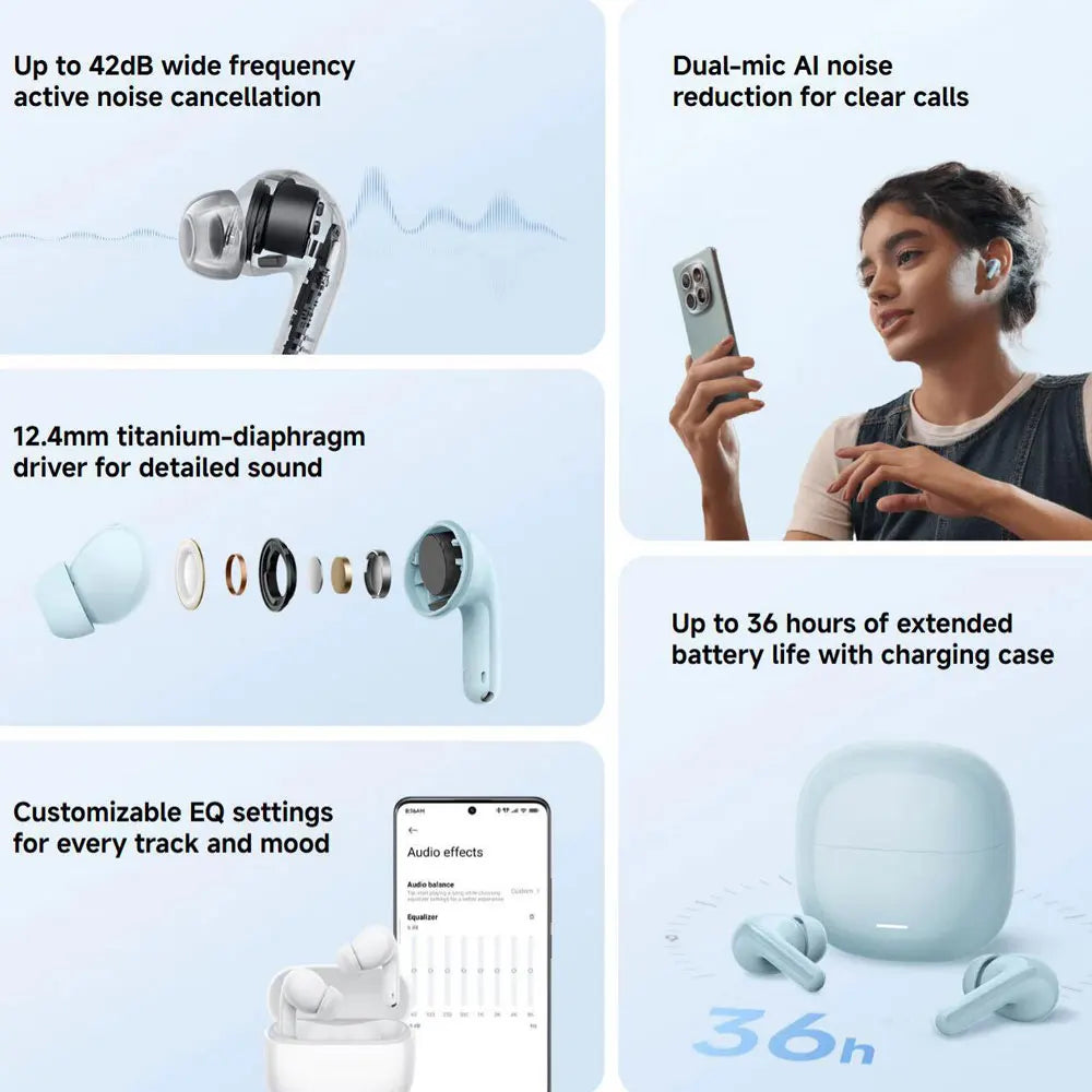 New Xiaomi REDMI Buds 8 Lite Wireless Bluetooth Earphone,42dB ANC 12.4mm driver BT5.4 Up to 36 hours,Dual-mic AI Noise Reduction