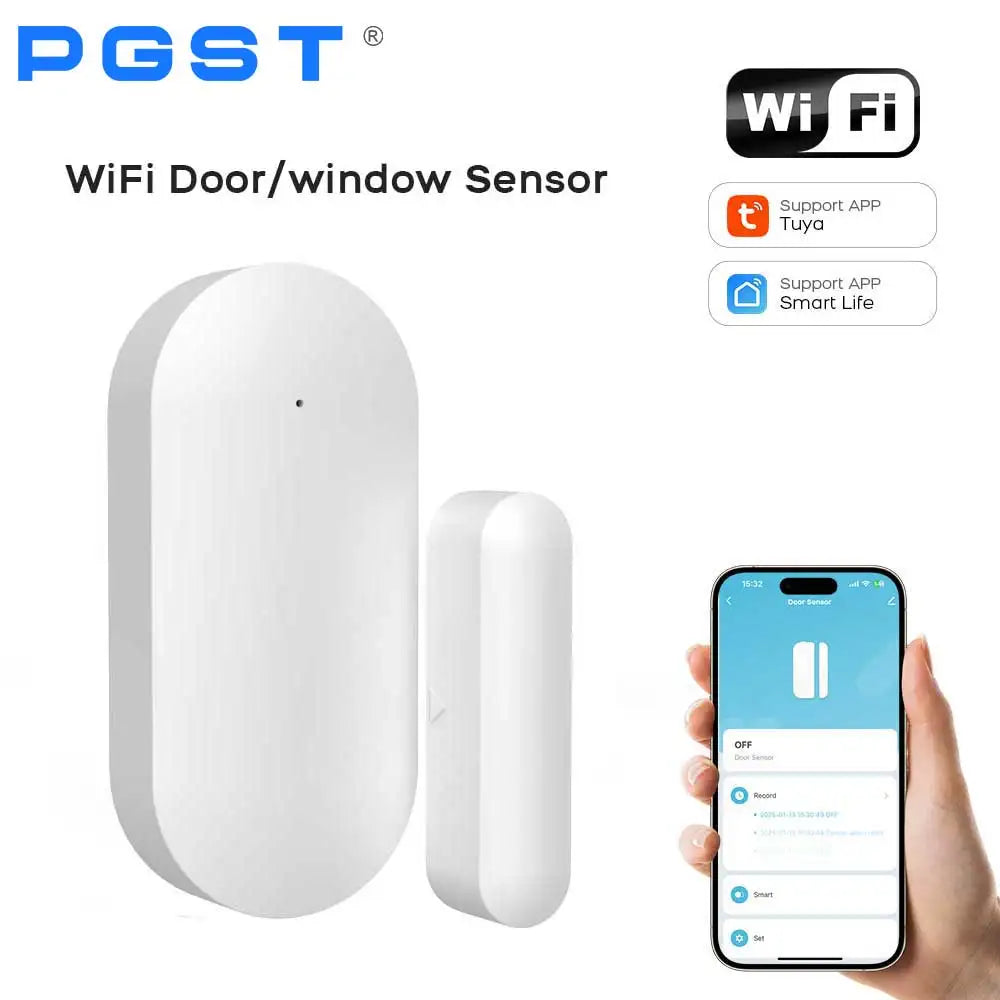 PGST WiFi Smart Door Window Sensor Works with TUYA Smart Life Home Security Alarm System Wireless Magnetic Detector APP Control Burglar Anti-theft Alert Real-time Notification Low Battery Reminder Smart Home Automation Securi