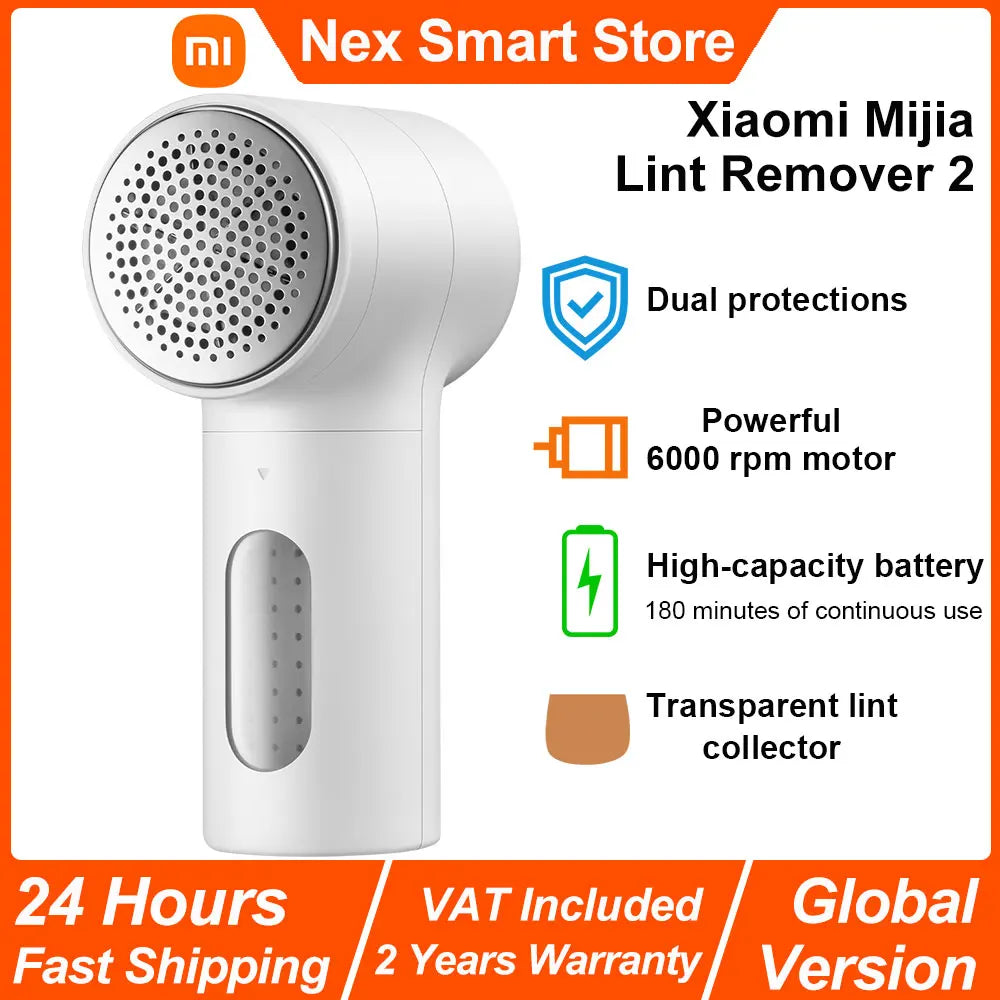 New Xiaomi Mijia Lint Remover 2, 6-leaf Steel Blade Portable Trimmer, 180min Long Battery Life,  Rechargeable Fluff Pellet Removers with Transparent Lint Collector, Powerful Motor