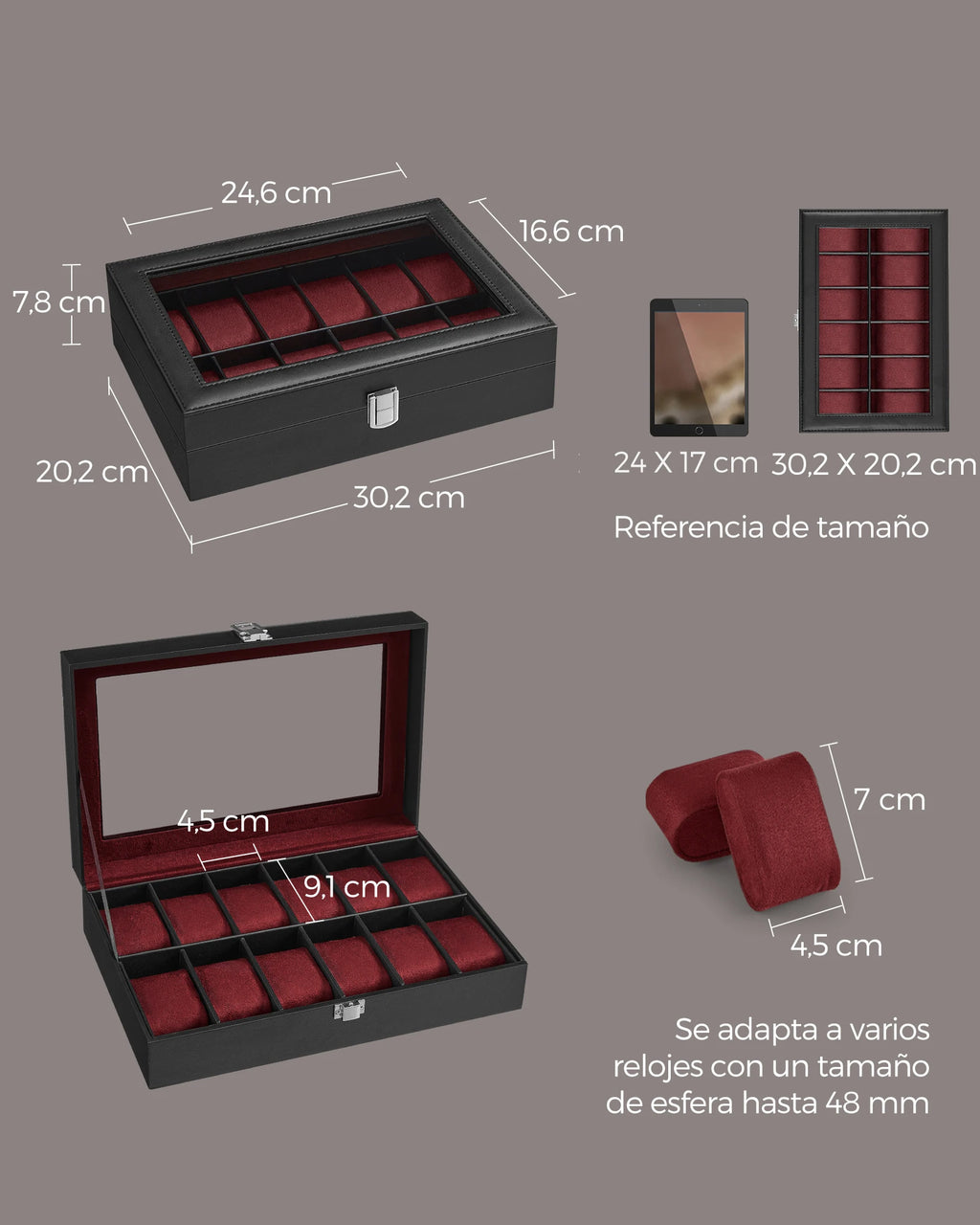 SONGMICS 12-Slot Watch Box,  Greenish Grey Lining/Wine Red Lining/ Cappuccino Beige Lining/Greenish Beige Lining