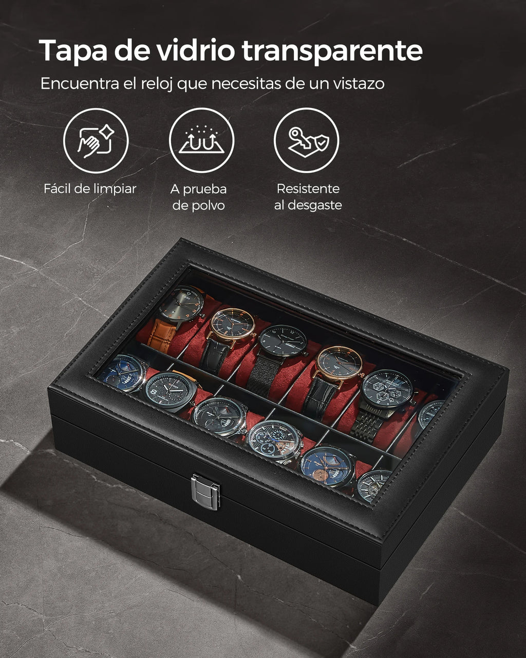 SONGMICS 12-Slot Watch Box,  Greenish Grey Lining/Wine Red Lining/ Cappuccino Beige Lining/Greenish Beige Lining