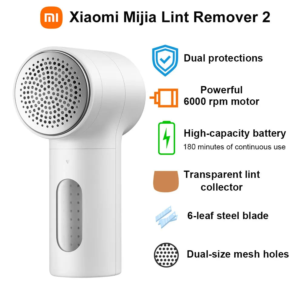 New Xiaomi Mijia Lint Remover 2, 6-leaf Steel Blade Portable Trimmer, 180min Long Battery Life,  Rechargeable Fluff Pellet Removers with Transparent Lint Collector, Powerful Motor