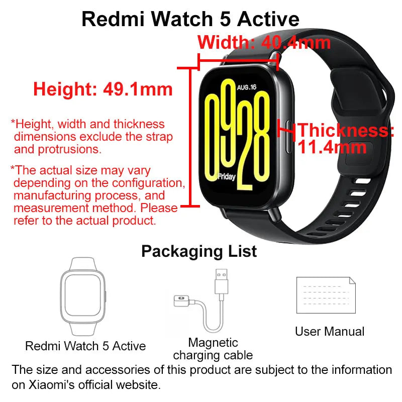 Xiaomi Redmi Watch 5 Active Smart Watch, Bluetooth Phone Call, 2" LCD Display, Blood Oxygen Heart Rate Monitoring Smartwatch