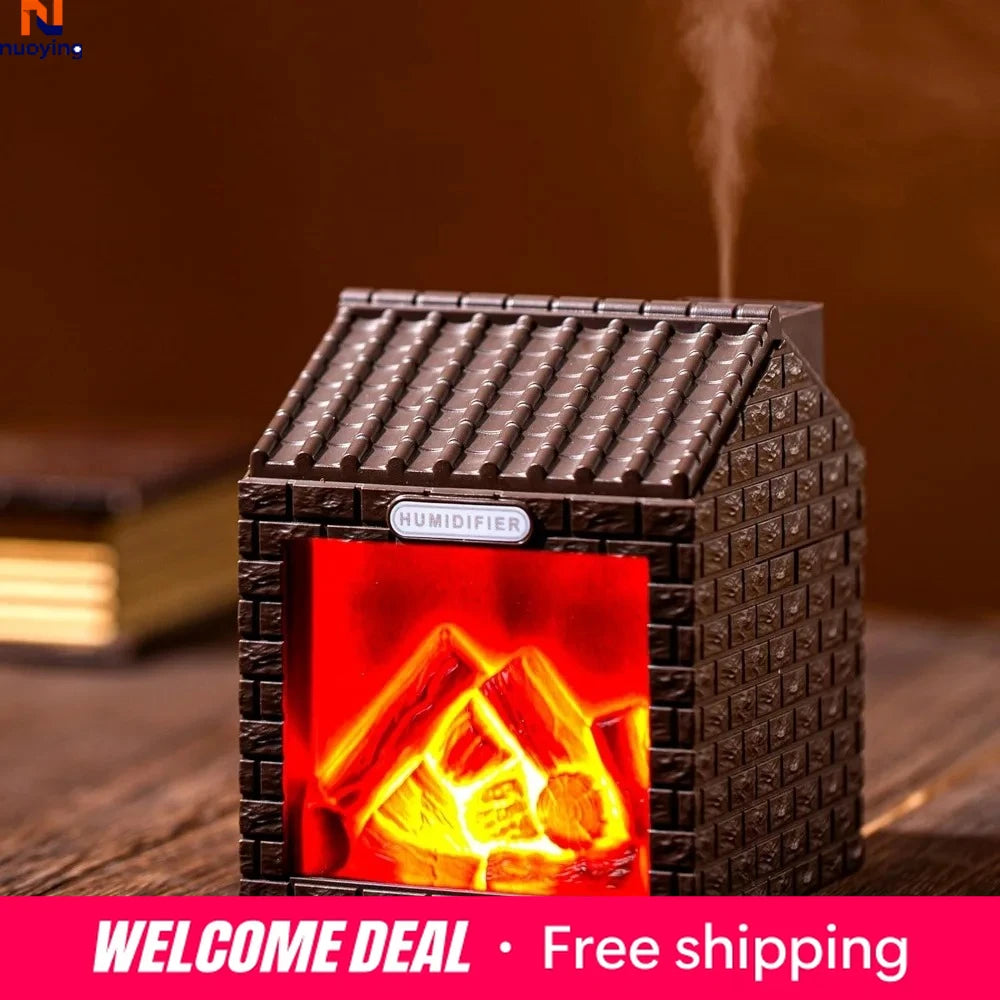 Charcoal Fire Style Aroma Diffuser Humidifier, Simulated Flame Light 2 Mist Modes Ultra-Quiet 200ml for Home Office Bedroom Car