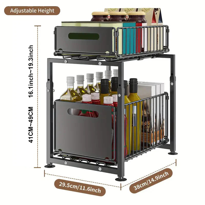 2 Tier Kitchen Under Bathroom Sink Organizers Pull-Out Cabinet Shelf Organizer Storage Rack Sliding Cabinet Basket