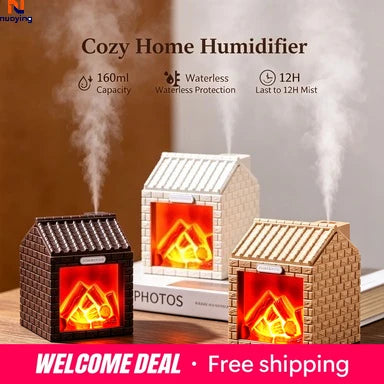 Charcoal Fire Style Aroma Diffuser Humidifier, Simulated Flame Light 2 Mist Modes Ultra-Quiet 200ml for Home Office Bedroom Car