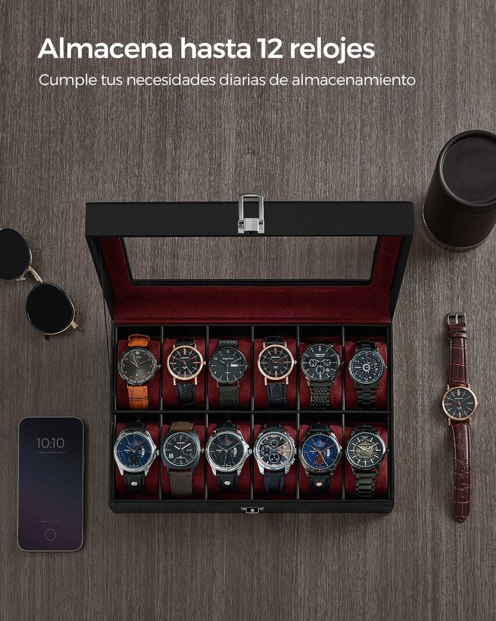 SONGMICS 12-Slot Watch Box,  Greenish Grey Lining/Wine Red Lining/ Cappuccino Beige Lining/Greenish Beige Lining