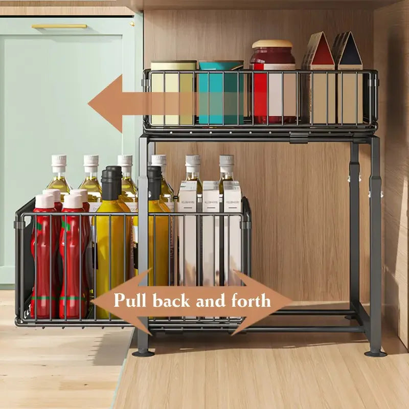 2 Tier Kitchen Under Bathroom Sink Organizers Pull-Out Cabinet Shelf Organizer Storage Rack Sliding Cabinet Basket