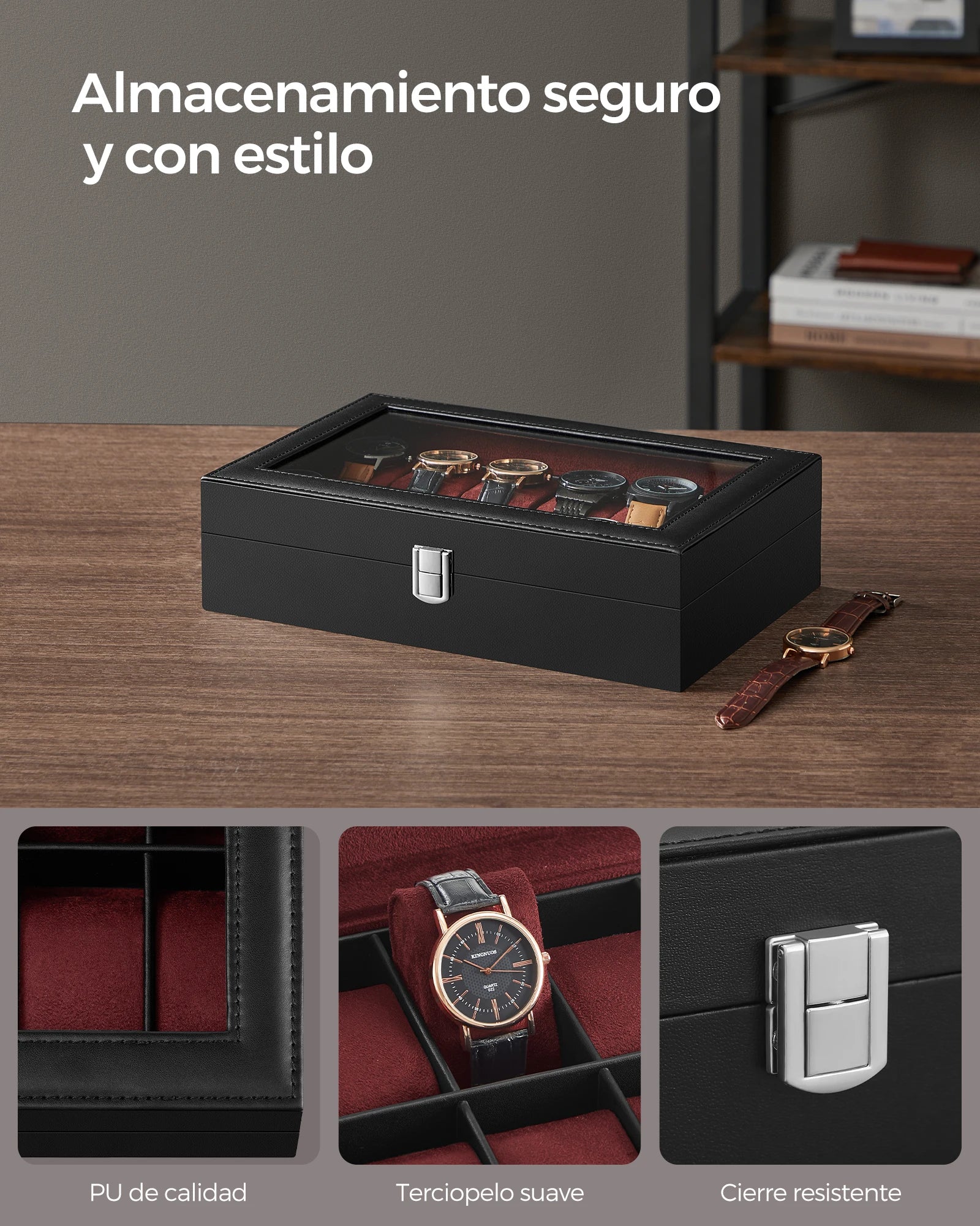 SONGMICS 12-Slot Watch Box,  Greenish Grey Lining/Wine Red Lining/ Cappuccino Beige Lining/Greenish Beige Lining