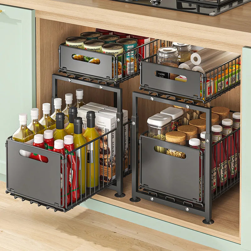 2 Tier Kitchen Under Bathroom Sink Organizers Pull-Out Cabinet Shelf Organizer Storage Rack Sliding Cabinet Basket