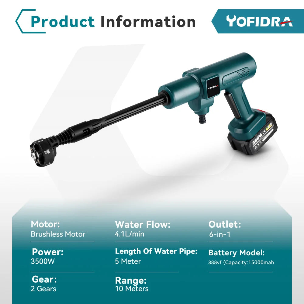 YOFIDRA 200Bar Brushless Electric High Pressure Water Spray Gun 3500W 6IN1 Car Clean Washer Garden Tool For Makita Battery Pin