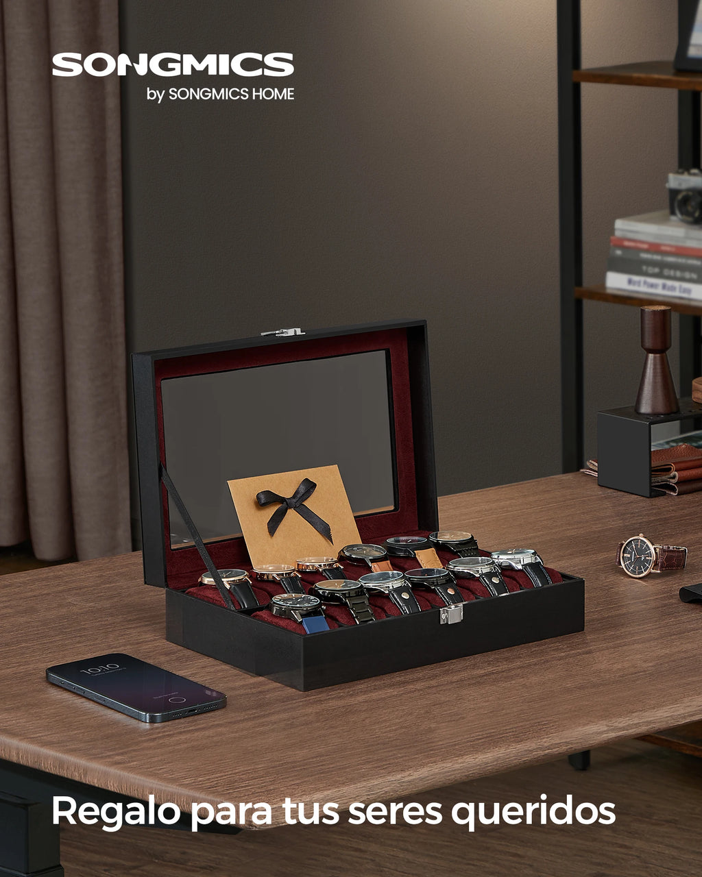 SONGMICS 12-Slot Watch Box,  Greenish Grey Lining/Wine Red Lining/ Cappuccino Beige Lining/Greenish Beige Lining