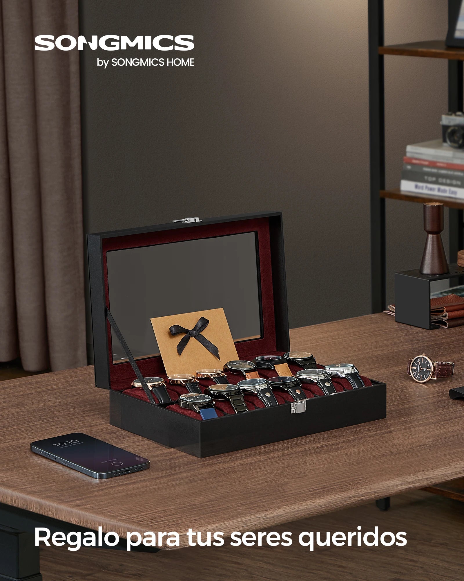 SONGMICS 12-Slot Watch Box,  Greenish Grey Lining/Wine Red Lining/ Cappuccino Beige Lining/Greenish Beige Lining