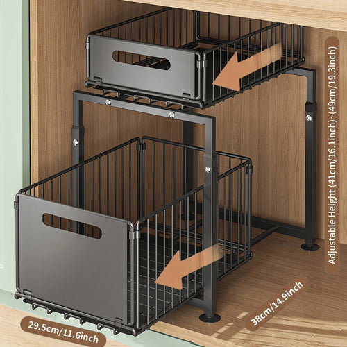 2 Tier Kitchen Under Bathroom Sink Organizers Pull-Out Cabinet Shelf Organizer Storage Rack Sliding Cabinet Basket