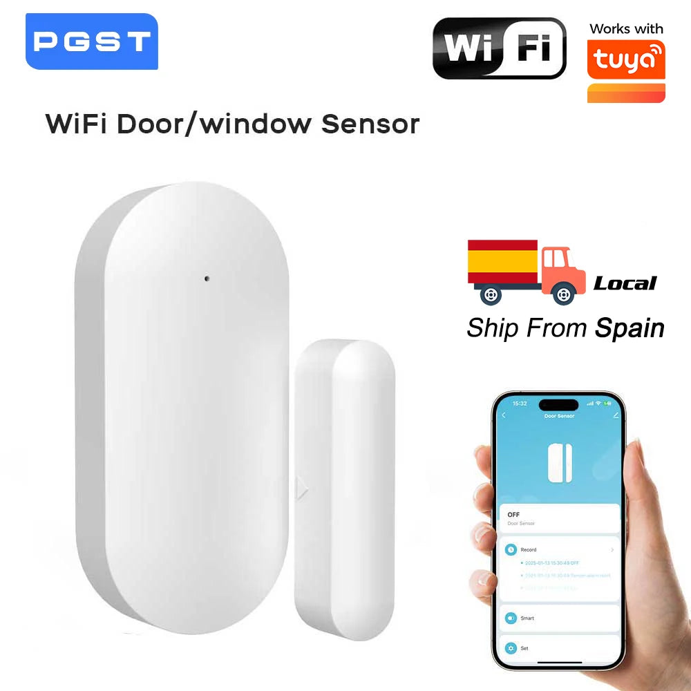 PGST WiFi Smart Door Window Sensor Works with TUYA Smart Life Home Security Alarm System Wireless Magnetic Detector APP Control Burglar Anti-theft Alert Real-time Notification Low Battery Reminder Smart Home Automation Securi