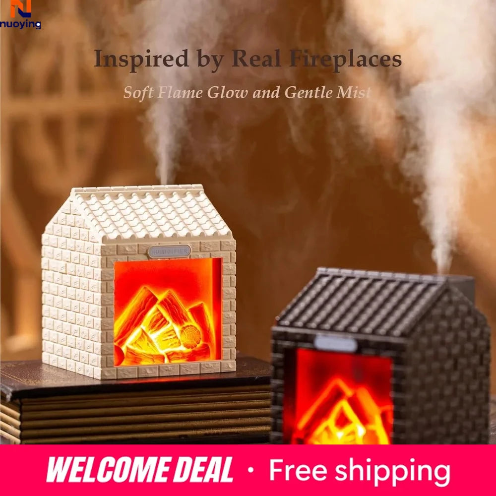 Charcoal Fire Style Aroma Diffuser Humidifier, Simulated Flame Light 2 Mist Modes Ultra-Quiet 200ml for Home Office Bedroom Car