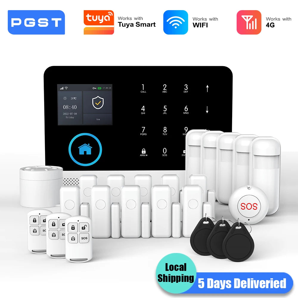 PGST 4G WiFi Smart Wireless Burglar Anti Theft Alarm Security Kit Works with Tuya Works with Smart Life Mobile Phone Remote Arm Disarm Real Time Alarm Push Door Sensor Motion Detector Full Set Smart Home Safety Device Europe