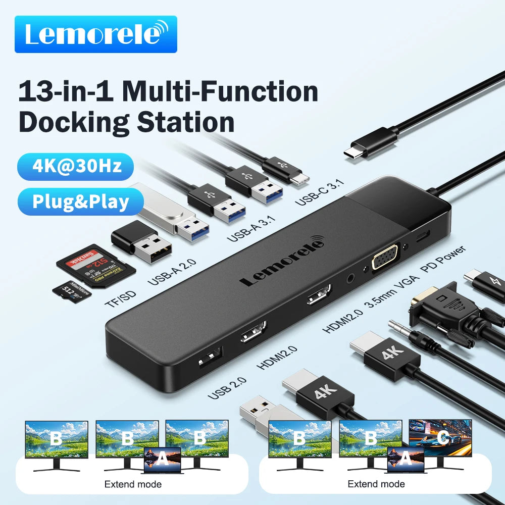Lemorele Hub USB-C 13 en 1 Dual HDMI 4K 100W