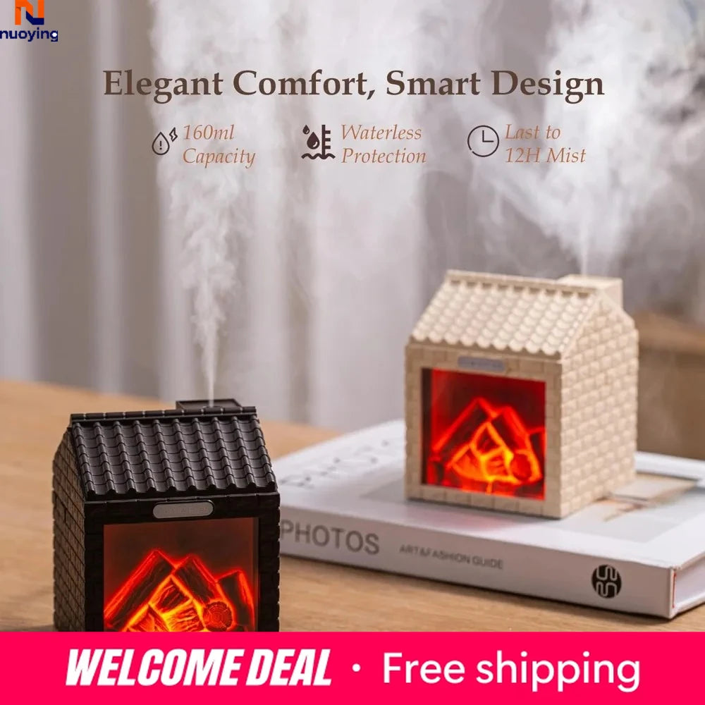 Charcoal Fire Style Aroma Diffuser Humidifier, Simulated Flame Light 2 Mist Modes Ultra-Quiet 200ml for Home Office Bedroom Car