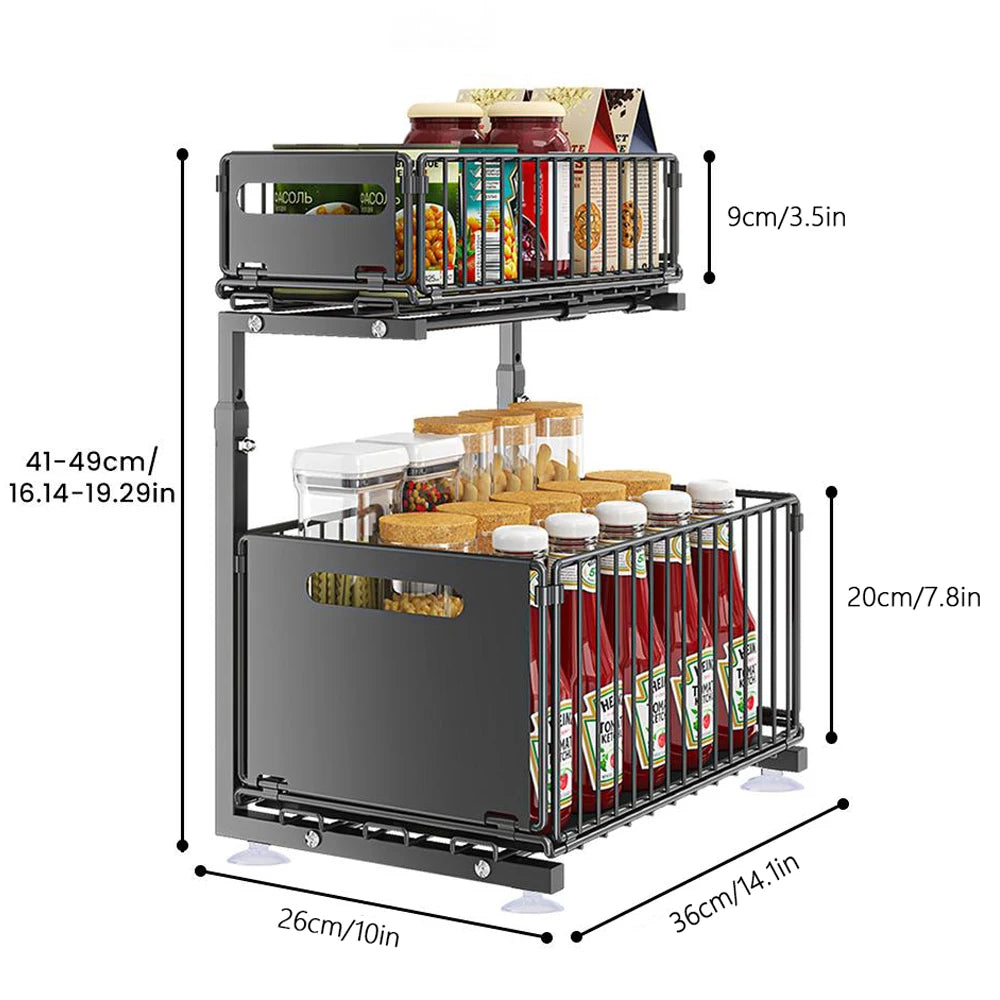 2 Tier Kitchen Under Bathroom Sink Organizers Pull-Out Cabinet Shelf Organizer Storage Rack Sliding Cabinet Basket