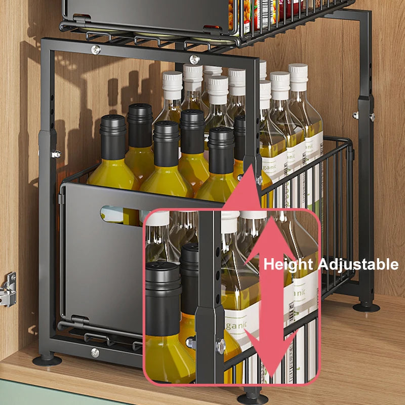 2 Tier Kitchen Under Bathroom Sink Organizers Pull-Out Cabinet Shelf Organizer Storage Rack Sliding Cabinet Basket